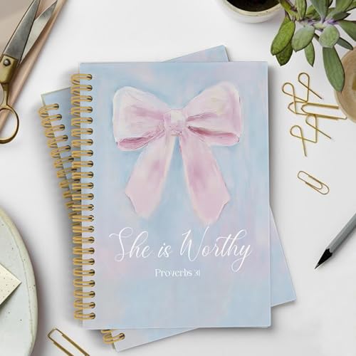 YLZlhb Pink Coquette Bow Christian Spiral Notebook Journal, Inspirational Christian Gifts for Women Girls, Scripture Prayer Journal, Christian Gifts for Women, She Is Worthy Religious Hardcover Spiral Journal 5.5x8.3 Inches - color: Worthy