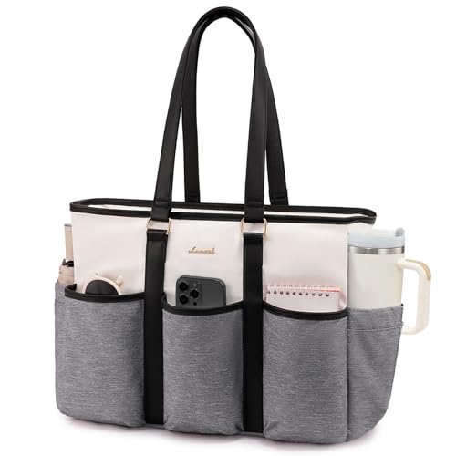 LOVEVOOK Nurse Work Tote Bag for Women With Large Cup Holder, Teacher Tote Laptop Bag for Women, Utility Bag For Work/Travel/College/Daily, Professional Computer Purse Handbag, 15.6 Inch - color: Gray-beige-black, size: 15.6 Inch