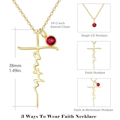 PRAYMOS Faith Cross Necklace for Women 925 Sterling Silver Pendant Necklace With Birthstone Initial Christian Religious Confirmation Baptism Mothers Day Gifts - color: 3-18K Gold Plated January (Garnet)