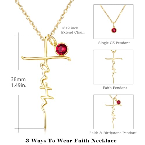 PRAYMOS Faith Cross Necklace for Women 925 Sterling Silver Pendant Necklace With Birthstone Initial Christian Religious Confirmation Baptism Mothers Day Gifts - color: 3-18K Gold Plated January (Garnet)