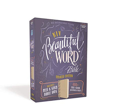 NIV, Beautiful Word Bible, Updated Edition, Peel/Stick Bible Tabs, Leathersoft over Board, Gold/Floral, Red Letter, Comfort Print: 600+ Full-Color Illustrated Verses