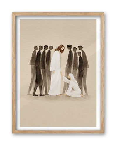 iHery 12x16in Woman Touches Jesus Framed Christian Wall Art - color: OAK Framed Jesus, size: 16"L x 12"W