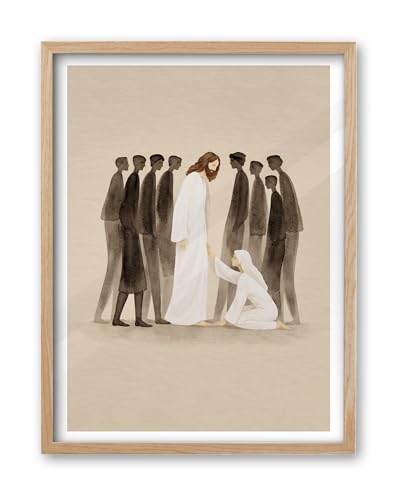 iHery 16x20in Woman Touches Jesus Framed Christian Wall Art - color: OAK Framed Jesus, size: 20"L x 16"W