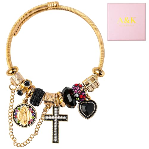 A&K Collections Mothers Day 18K Gold Beads Easter Basket Stuffers Bangle with Rhinestones Pandora Style Trendy Cross Heart Charm Luxury Adjustable Bracelet for Women Teen Girl Gifts Trendy Stuff Religious Jewelry - color: 18K GOLD/Black Charms