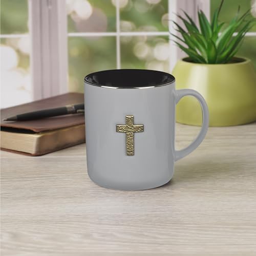 Christian Art Gifts Large Ceramic Coffee Scripture Mug for Men & Women - color: Gray & Black/Metal Cross