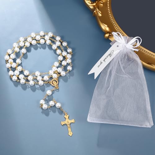 Rosary Beads Catholic for Women,Gold White Rosary Necklace for Women,Glass Pearl Beads Rosary Necklaces,Imitation Pearl Bead Necklace Rosarios Catolicos with Pouch,Catholic Gifts for Adults