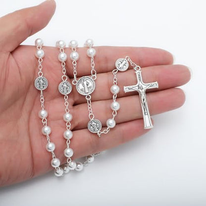 KOMI 6mm Glass Pearl Rosary Beads Catholic for Women with Metal Rosary Box Religious Gifts - style: St Benedict-white