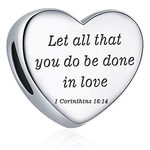 Heart Charm Fit Pandora Charms Bracelet Christian Bible Verse Charm Prayer Faith Religious Charms Gifts for Women - style: Let all that you do be done in love I Corinthins 16:14