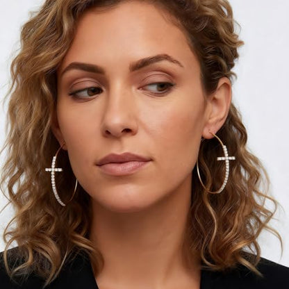 Large Cross Hoop Earrings for Women Sparkly Rhinestone Statement Jewelry for Prom Wedding Party Night Out Accessories Shiny Silver Tone Fashion Dangle Earings - color: Gold