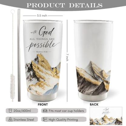 Christian Bible Verse 20oz Travel Coffee Mug Tumbler, Christian Religious Gifts for Women, with God All Things Are Possible Mountain Landscape Stainless Steel Tumbler with Lid and Straw - color: withgod