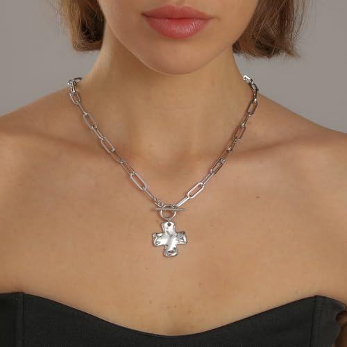 Chunky Cross Necklace for Women, 14K Gold Silver Pendant Necklace - color: White Gold-Toggle-1 inch pendant