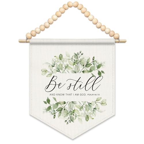 FLVGE Christian Office Decor, Be Still and Know That I Am God Canvas Banner, Boho Wood Beads Sage Green Eucalyptus Leaf Christian Wall Art Decor Hanging Pennant Flag for Office Room,11x14 - color: 04- Bible (Christian Office Decor 02)