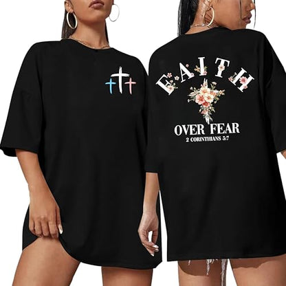 Christian Oversize Shirt for Women Jesus Faith Bible Verse Graphic Tee Tops - color: Blackf, size: Small