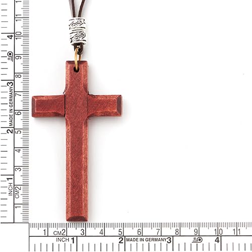 COOLSTEELANDBEYOND Leather Cord Necklace with Wooden Cross, Mens Womens, Adjustable Dark Brown Leather Cord