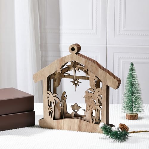 Bucherry Wooden Nativity Scene Christmas Tabletop Ornament,Hut - style: Hut