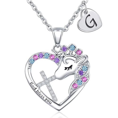 Easter Basket Stuffers - Easter Gifts for Girls Kids,Cross Unicorn Necklaces with Initial for Teen Girls Kids Daughter Granddaughter Birthday Christian Religious Gifts 16+3 Inches - style: G