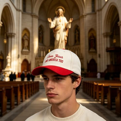 Embroidered Christian Two-Tone Baseball Cap for Men & Women, Adjustable Dad Hat Christmas Easter Gift - color: Loves Jesus and America Too, Red/Beige