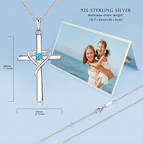 AmorAime 925 Sterling Silver Cross Necklace for Women Men 14K Gold Plated 5A CZ Birthstone Necklaces for Holiday - color: L.Blue-December-Blue Topaz