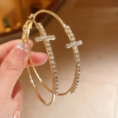 Large Cross Hoop Earrings for Women Sparkly Rhinestone Statement Jewelry for Prom Wedding Party Night Out Accessories Shiny Silver Tone Fashion Dangle Earings - color: Gold