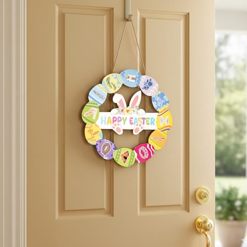 Religious Easter Door Wreath with 12 Faith Symbols Eggs, Easter Wreaths For Front Door, Christian Bunny Sign, Wooden Spring Hanging Decor for Front Porch, Entryway Wall, Holiday Home Decoration