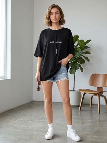 Christian Oversize Shirt for Women Jesus Faith Bible Verse Graphic Tee Tops - color: Blackw, size: Small