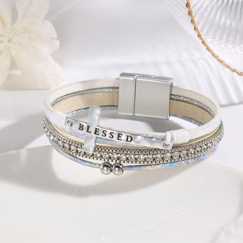 LINGYUAN Cross Bracelet for Women, Leather Religious Christian Jewelry - color: White