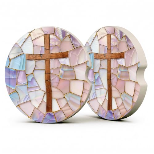 Christian Cross Stained Glass Car Coasters, Religious Faith Cup Holders, 25 - color: Christian Cross