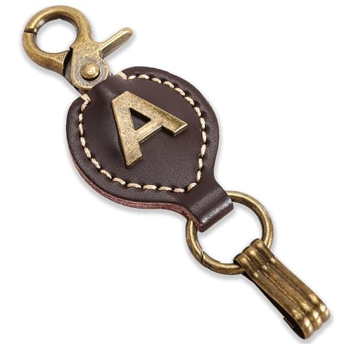 Initial Letter Keychain Brown Leather Alphabet Keychain with Easy Clasp, Key Car Key Bag Key Ring for Women Mens - color: A