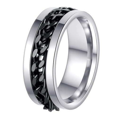 Mens Fidget Rings Anxiety Ring for Men 6mm 8mm Chain Spinner Ring Size 5-14 - color: Silver Black