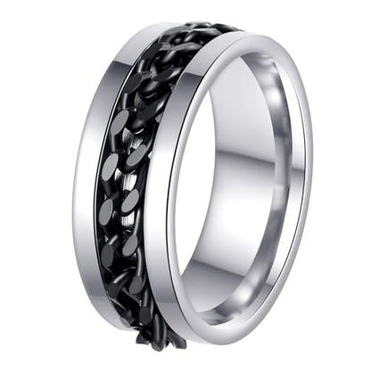 Mens Fidget Rings Anxiety Ring for Men 6mm 8mm Chain Spinner Ring Size 5-14 - color: Silver Black