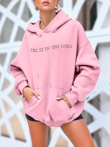 UNIQUEONE Trust in the Lord Christian Hoodies - Faith Religious Graphic Sweatshirts Women Bible Verse God Pullover Tops - color: Pink, size: Medium