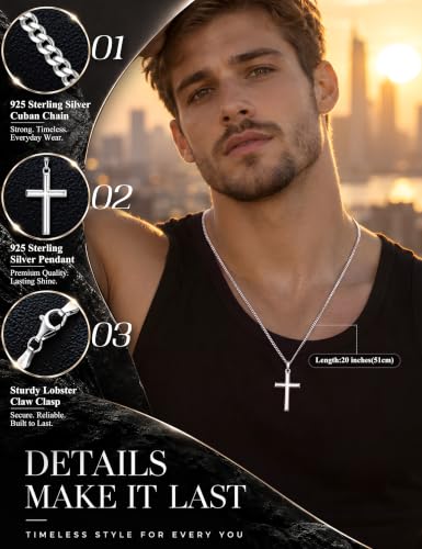 MILACOLATO Solid 925 Sterling Silver Cross Necklace for Men Women 16-24 in - color: Sterling Silver Cuban Chain, size: 20 in=51 cm