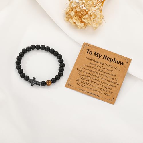 Gnamy Cross Bracelet for Boys Kids, American Flag Cross Beads Bracelet Easter Christian Religious Jewelry Gifts for Teen Teenage Boys - style: To My Nephew
