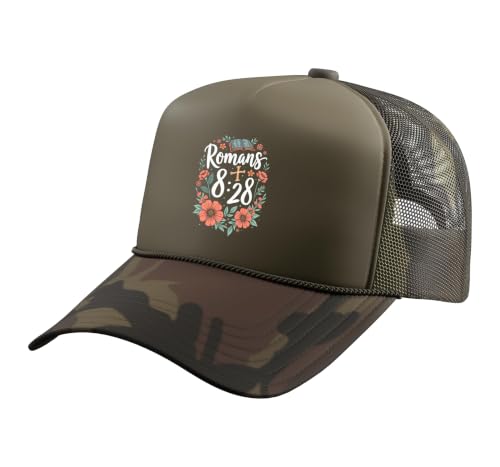 Romans 8:28 Bible Verse Flowers Cross Christian Women Trucker Hat with Adjustable Mesh Back - color: Camo Green