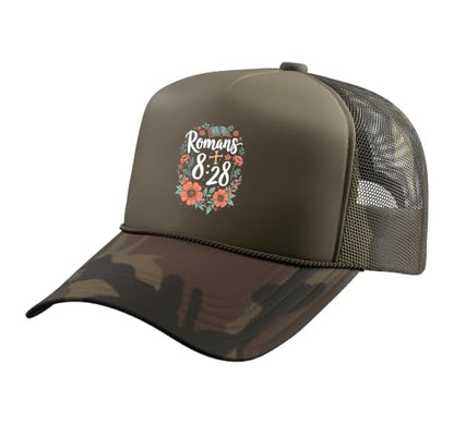 Romans 8:28 Bible Verse Flowers Cross Christian Women Trucker Hat with Adjustable Mesh Back - color: Camo Green