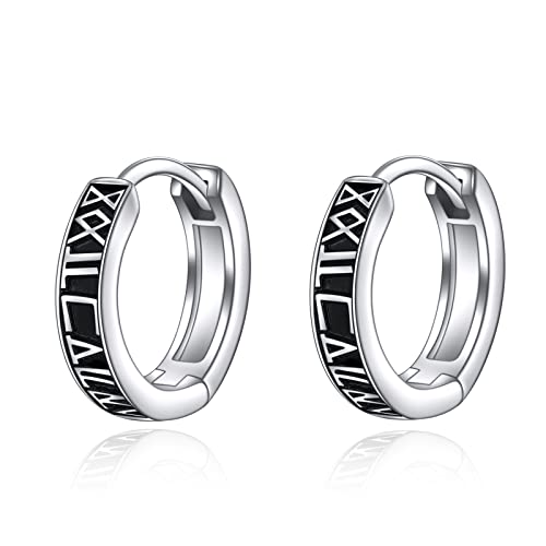 AOBOCO Black Hoops Earrings for Men Sterling Silver Viking Celtic Cross Heart Skull Round Triangle Hoop Earrings Birthday Father Day Christmas Jewelry Gifts for Men Women Friends - style: Round Viking Hoops