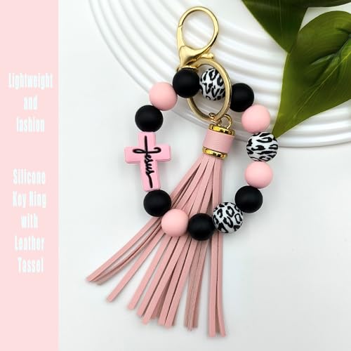 SHINYHARBOR Silicone Beaded Wristlet Keychain Bracelet,Key Wrist Keychains for Women Mom Teachers Best Friend - color: Cross-pink