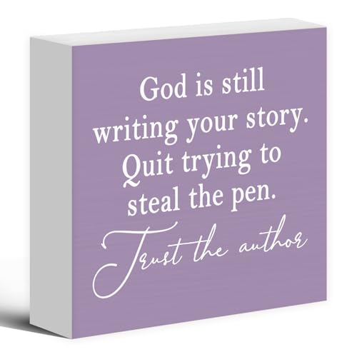 God Is Still Writing Your Story,Wood Box Sign Desk Decor, Christian Scripture Bible Verse Prayer Room Purple Wooden Block Sign Decorations for Home Office Wall Tabletop Shelf Decor - color: Purple, size: 5 x 5 in