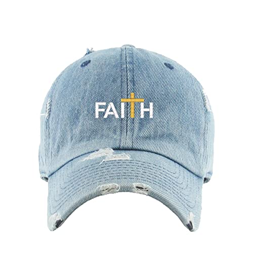Faith with Cross Vintage Baseball Cap Embroidered Cotton Adjustable Distressed Dad Hat - color: Light Denim