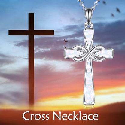 Infinity Cross Necklace S925 Sterling Silver Turquoise/Wooden/Opal/Abalone Cross Pendant Necklaces Christian Jewelry Gifts For Women - style: Opal