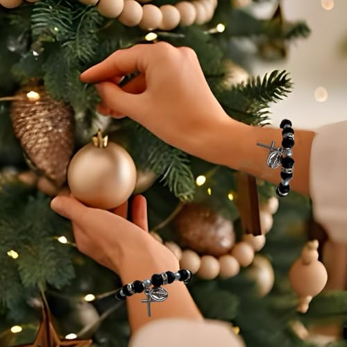 Bovemee 2Pcs Handmade String Miraculous Medal Pink Virgin Mary Bracelets, Crucifix Cross Red Rosary Bracelet Catholic Gift for Women Men - color: Black