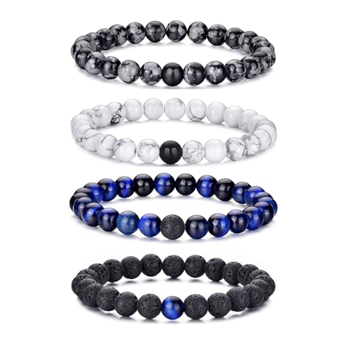 RANKEEF Tiger Eye Bracelet For Men 8MM Natural Stone Stretch Adjustable Black Crystal Beaded Bracelet for Men Women Gifts - color: 4,white,blue