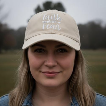 Faith Over Fear Christian Hats, Embroidered Baseball Caps for Adults - color: Tan White