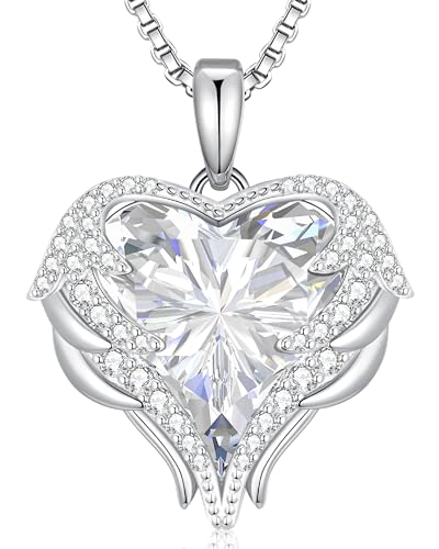 CDE Angel Wings Heart Birthstone Pendant Necklace Gift for Women - color: White-04-White Birthstone