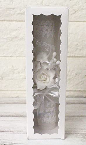 Baptism Candle with Flowers Crystals Cross Lace Ribbon, White - color: White