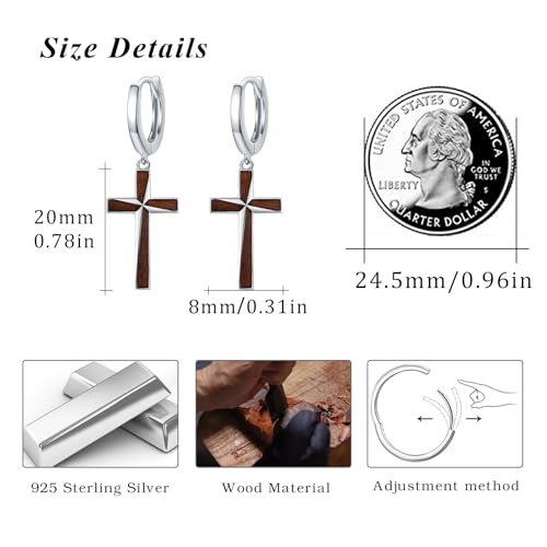 Cross Earrings for Women Men 925 Sterling Silver, Cross Hoop Drop Earrings, Christian Jewelry Gift for Women Men - style: Wooden Cross Earrings