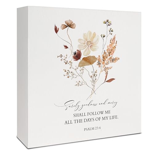 Christian Desk Decor, Boho Wildflower Floral Christian Home Wooden Box Sign, Psalm 23:6 Bible Verses Wood Signs for Home Office Desk Shelf Table Decor, 5x5 Inch - color: Psalm 23:6