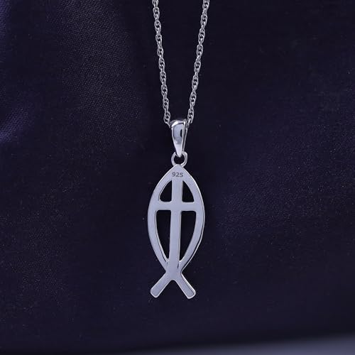 Christian Fish Cross Pendant Necklace for Women Religious Faith Jewelry - color: white-gold-plated-silver