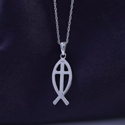 Christian Fish Cross Pendant Necklace for Women Religious Faith Jewelry - color: white-gold-plated-silver