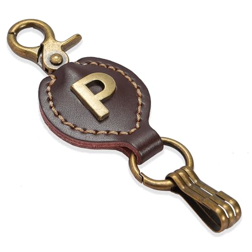 Initial Letter Keychain Brown Leather Alphabet Keychain with Easy Clasp, Key Car Key Bag Key Ring for Women Mens - color: P
